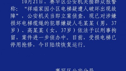 呼和浩特一小区23部电梯钢绳遭破坏,警方通报:两人被刑拘