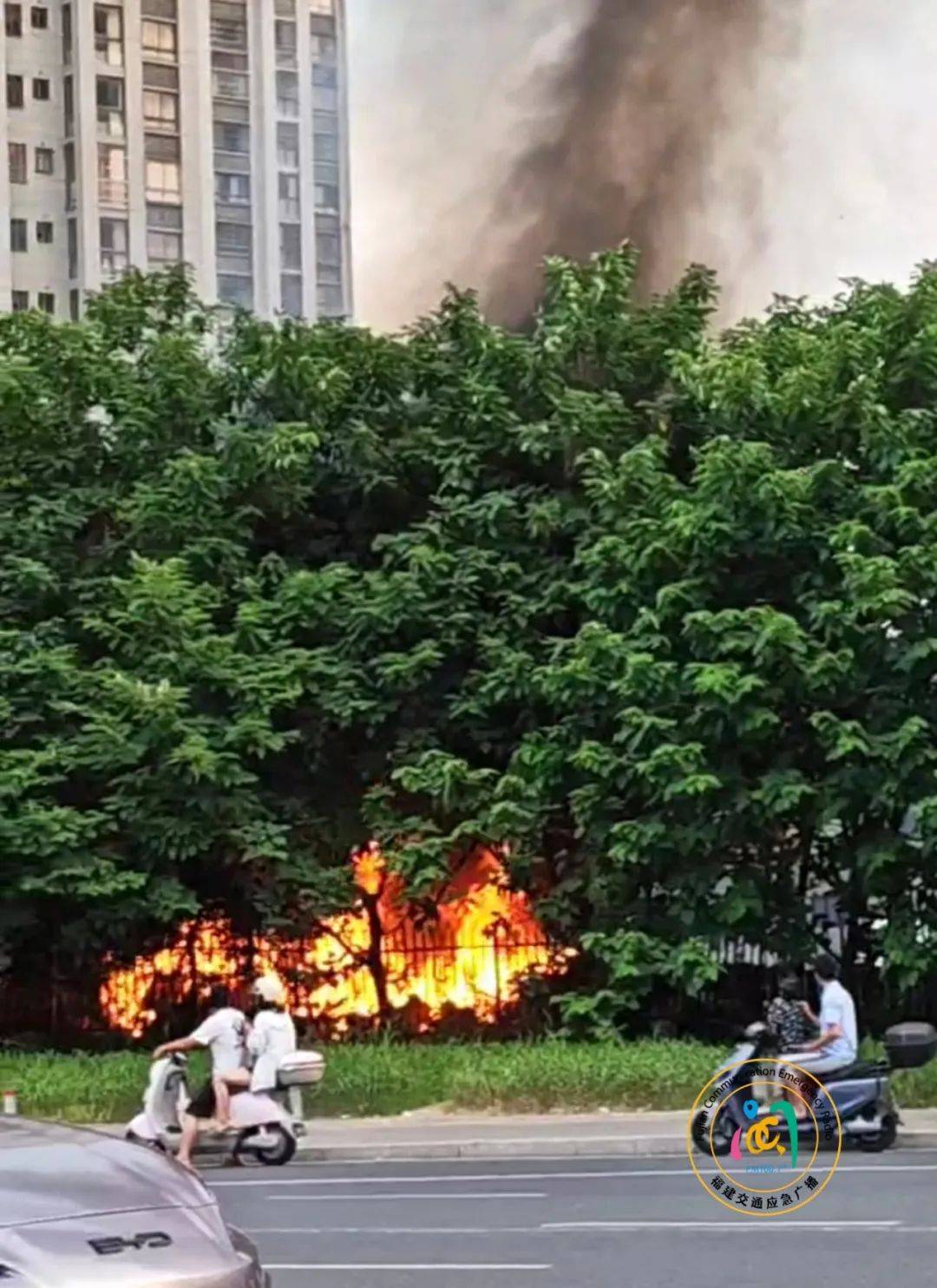 福州一小区发生火灾，现场火势较大、浓烟滚滚！